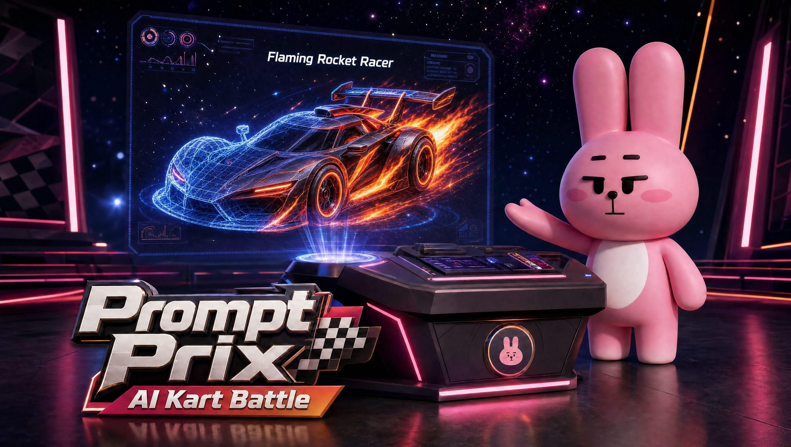Prompt Prix: AI Kart Battle, a flaming rocket racer materializing from a hologram console
