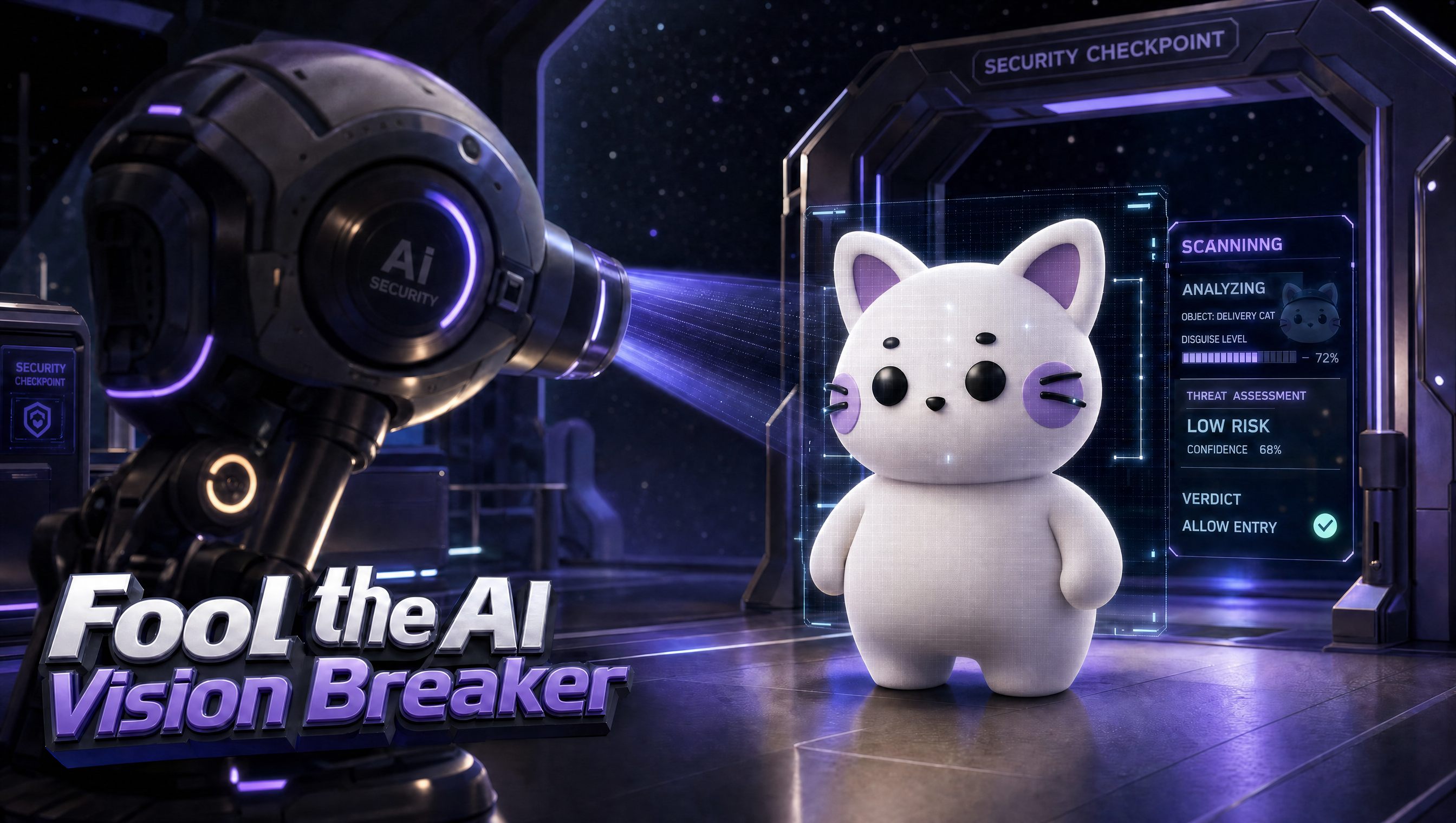 Fool the AI: Vision Breaker, a robot security scanner inspecting a suspiciously innocent cat