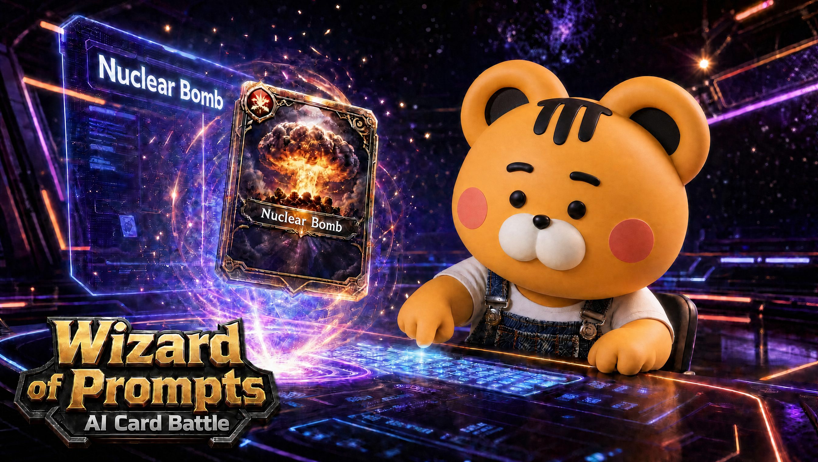 Wizard of Prompts: AI Card Battle, a player summoning a Nuclear Bomb card from a keyboard